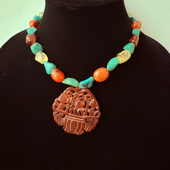 BIG Red Jade Turquoise Carnelian Quartz Hand Carved Sterling Silver 925 Necklace - Picture 2 of 8